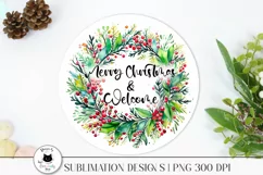 winter wreath with a phrase shown on a sign