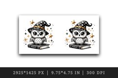 Watercolor wizard owl with pointed hat sitting on magic spellbook book print 20oz tumbler skinny mug wrap clipart t-shirt sublimation printable design