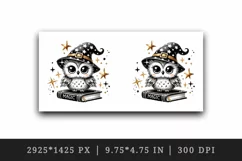 Watercolor wizard owl with pointed hat sitting on magic spellbook book print 20oz tumbler skinny mug wrap clipart t-shirt sublimation printable design