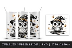 Watercolor wizard owl with pointed hat sitting on magic spellbook book print 20oz tumbler skinny mug wrap clipart t-shirt sublimation printable design