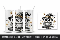 Watercolor wizard owl with pointed hat sitting on magic spellbook book print 20oz tumbler skinny mug wrap clipart t-shirt sublimation printable design