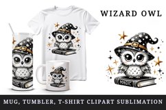 Watercolor wizard owl with pointed hat sitting on magic spellbook book print 20oz tumbler skinny mug wrap clipart t-shirt sublimation printable design