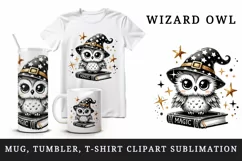 Watercolor wizard owl with pointed hat sitting on magic spellbook book print 20oz tumbler skinny mug wrap clipart t-shirt sublimation printable design