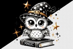 Watercolor wizard owl with pointed hat sitting on magic spellbook book print 20oz tumbler skinny mug wrap clipart t-shirt sublimation printable design