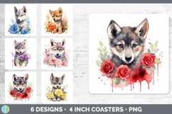 Bundle of six Watercolor Flower Wolves Square Coaster designs.