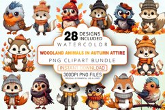 Watercolor Woodland Animals in Autumn Attire Clipart Bundle Product Image 1