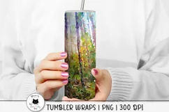 woman holding a tumbler in watercolor woods design