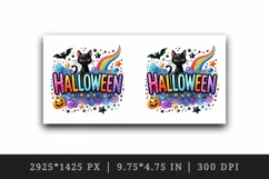 Watercolor word Halloween in bubbly colorful letters black cat stars quote print tumbler skinny mug wrap clipart t-shirt sublimation printable design