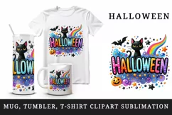Watercolor word Halloween in bubbly colorful letters black cat stars quote print tumbler skinny mug wrap clipart t-shirt sublimation printable design