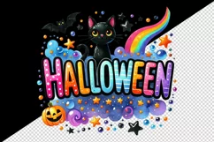 Watercolor word Halloween in bubbly colorful letters black cat stars quote print tumbler skinny mug wrap clipart t-shirt sublimation printable design