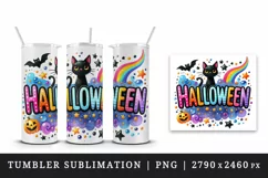 Watercolor word Halloween in bubbly colorful letters black cat stars quote print tumbler skinny mug wrap clipart t-shirt sublimation printable design