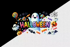 Watercolor word Halloween smiling ghost cheerful bats and candy quote print 20 oz tumbler skinny mug wrap clipart t-shirt sublimation printable design