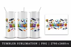 Watercolor word Halloween smiling ghost cheerful bats and candy quote print 20 oz tumbler skinny mug wrap clipart t-shirt sublimation printable design