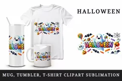 Watercolor word Halloween smiling ghost cheerful bats and candy quote print 20 oz tumbler skinny mug wrap clipart t-shirt sublimation printable design