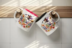 Watercolor word Halloween witch flying on broomstick autumn leaves quote print tumbler skinny mug wrap clipart t-shirt sublimation printable design