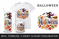 Watercolor word Halloween witch flying on broomstick autumn leaves quote print tumbler skinny mug wrap clipart t-shirt sublimation printable design
