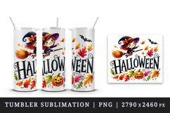 Watercolor word Halloween witch flying on broomstick autumn leaves quote print tumbler skinny mug wrap clipart t-shirt sublimation printable design