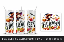 Watercolor word Halloween witch flying on broomstick autumn leaves quote print tumbler skinny mug wrap clipart t-shirt sublimation printable design
