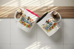 Watercolor word Halloween witch flying on broomstick autumn leaves quote print tumbler skinny mug wrap clipart t-shirt sublimation printable design