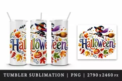 Watercolor word Halloween witch flying on broomstick autumn leaves quote print tumbler skinny mug wrap clipart t-shirt sublimation printable design