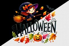 Watercolor word Halloween witch flying on broomstick autumn leaves quote print tumbler skinny mug wrap clipart t-shirt sublimation printable design
