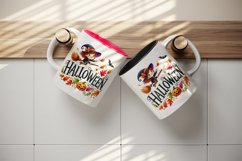 Watercolor word Halloween witch flying on broomstick autumn leaves quote print tumbler skinny mug wrap clipart t-shirt sublimation printable design