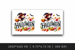 Watercolor word Halloween witch flying on broomstick autumn leaves quote print tumbler skinny mug wrap clipart t-shirt sublimation printable design