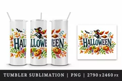 Watercolor word Halloween witch flying on broomstick autumn leaves quote print tumbler skinny mug wrap clipart t-shirt sublimation printable design