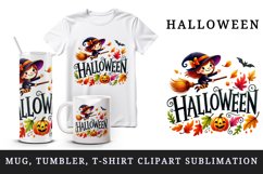 Watercolor word Halloween witch flying on broomstick autumn leaves quote print tumbler skinny mug wrap clipart t-shirt sublimation printable design