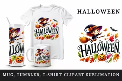 Watercolor word Halloween witch flying on broomstick autumn leaves quote print tumbler skinny mug wrap clipart t-shirt sublimation printable design