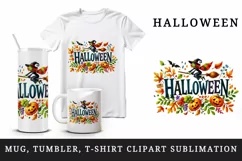Watercolor word Halloween witch flying on broomstick autumn leaves quote print tumbler skinny mug wrap clipart t-shirt sublimation printable design