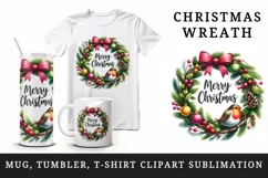 Watercolor wreath pine branch bauble cute robin Merry Christmas quote print 20 oz tumbler skinny mug wrap clipart t-shirt sublimation printable design