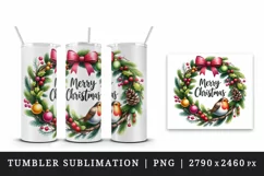 Watercolor wreath pine branch bauble cute robin Merry Christmas quote print 20 oz tumbler skinny mug wrap clipart t-shirt sublimation printable design