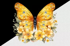 Watercolor yellow gold butterfly floral sparkle flowers insect diamonds 20 oz tumbler skinny mug wrap clipart t-shirt sublimation printable design