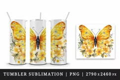 Watercolor yellow gold butterfly floral sparkle flowers insect diamonds 20 oz tumbler skinny mug wrap clipart t-shirt sublimation printable design