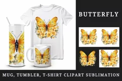 Watercolor yellow gold butterfly floral sparkle flowers insect diamonds 20 oz tumbler skinny mug wrap clipart t-shirt sublimation printable design