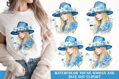 Watercolor Young Woman and Blue Hat Clipart, T-SHirt Design Product Image 1