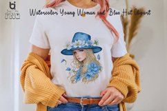 Watercolor Young Woman and Blue Hat Clipart, T-SHirt Design Product Image 2