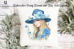 Watercolor Young Woman and Blue Hat Clipart, T-SHirt Design Product Image 5