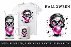 Watercolor zombie blowing bubble with neon pink gum sparkles Halloween print 20oz tumbler skinny mug wrap clipart t-shirt sublimation printable design