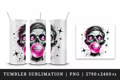 Watercolor zombie blowing bubble with neon pink gum sparkles Halloween print 20oz tumbler skinny mug wrap clipart t-shirt sublimation printable design