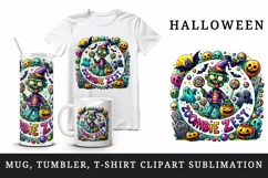 Watercolor zombie candy bucket bats tombstone Zombie Zest quote Halloween print tumbler skinny mug wrap clipart t-shirt sublimation printable design