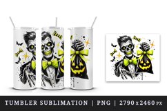 Watercolor zombie holding trick or treat bag neon yellow Halloween print 20 oz tumbler skinny mug wrap clipart t-shirt sublimation printable design