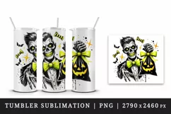 Watercolor zombie holding trick or treat bag neon yellow Halloween print 20 oz tumbler skinny mug wrap clipart t-shirt sublimation printable design