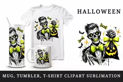 Watercolor zombie holding trick or treat bag neon yellow Halloween print 20 oz tumbler skinny mug wrap clipart t-shirt sublimation printable design