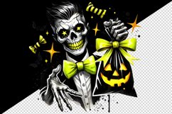 Watercolor zombie holding trick or treat bag neon yellow Halloween print 20 oz tumbler skinny mug wrap clipart t-shirt sublimation printable design