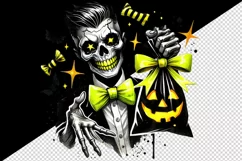 Watercolor zombie holding trick or treat bag neon yellow Halloween print 20 oz tumbler skinny mug wrap clipart t-shirt sublimation printable design