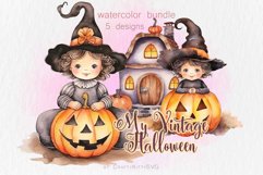 Vintage Halloween Clip Art, Watercolor Houses Kids Pumpkins Product Image 1