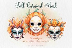 Fall Festival Mask Clipart, Watercolor Halloween Sublimation Product Image 1