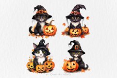 Halloween Black Cat Clip Art, Watercolor Cat and Pumpkins Product Image 2